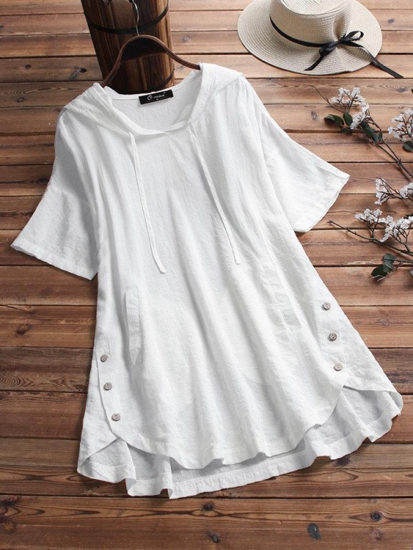 Plaid Button Hooded High Low Plus Size Blouse with Pokcets