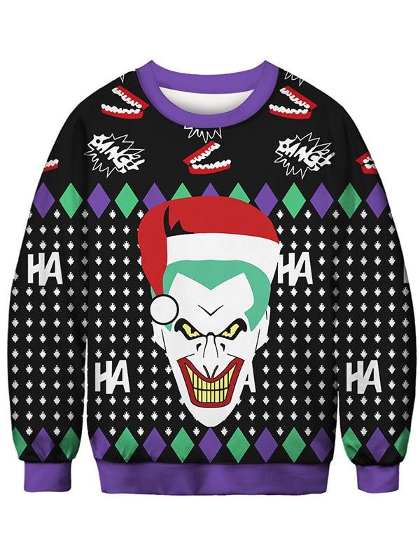 Ladies Christmas Clown Rick Printed Sweateshirtblack/green/red,4size