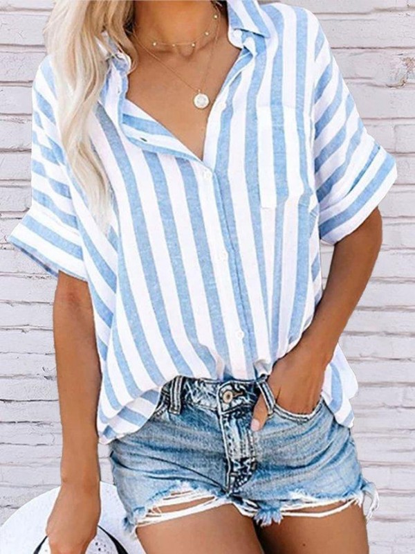Cotton Buttoned Short Sleeve Striped Top
