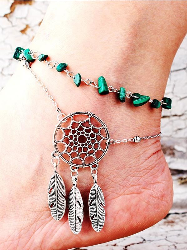Natural malachite hollowedout dream catcher feather ankle chain