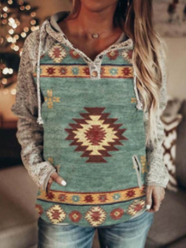 Women's Hoodie Sweatshirt Geometric Front Pocket Print Hooded Daily Sports 3D Print Ethnic Streetwear Hoodies Sweatshirts