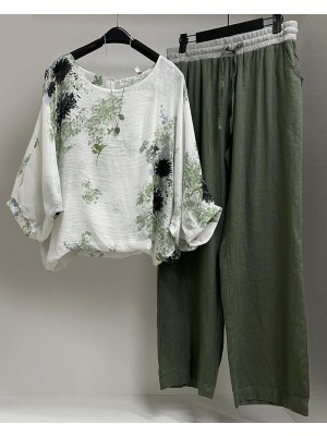 Women's Floral Print Cotton And Linen Casual Twopiece Set