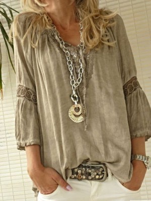 Women Blouse Coffee Casual 3/4 Sleeve Blouse