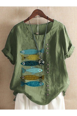 Casual Short Sleeve Round Neck Fish Print TShirt