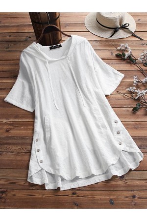 Plaid Button Hooded High Low Plus Size Blouse with Pokcets