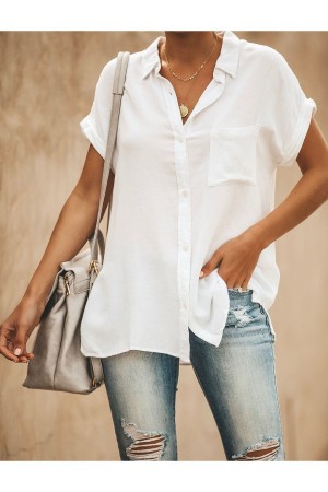 Relaxed Fit Collared Short Sleeve BUTTON DOWN Blouse