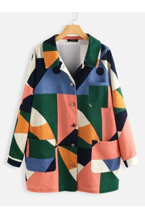 Corduroy Contrast Color Print Long Sleeve Jacket