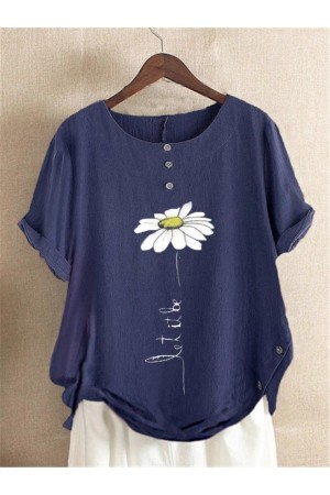 Casual FloralPrint Cotton&Linen Short Sleeve Shirts & Tops