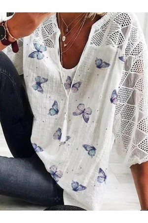Butterfly Printed Floral Short Sleeve V Neck TShirt Top