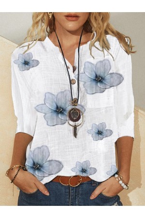 Half Sleeve Floral V Neck Shift Blouse