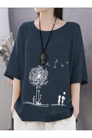 Embroidered Crew Neck Shift Casual Shirts & Tops