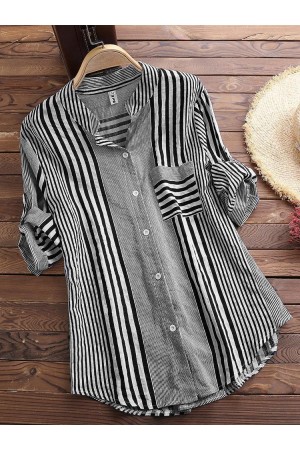 Patchwork Stripe Print Stand Collar Irregular Casual Shirts