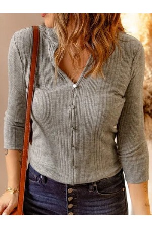 Casual V Neck CottonBlend Plain Blouse