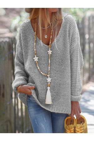Long Sleeve Solid V Neck Knitted Sweater