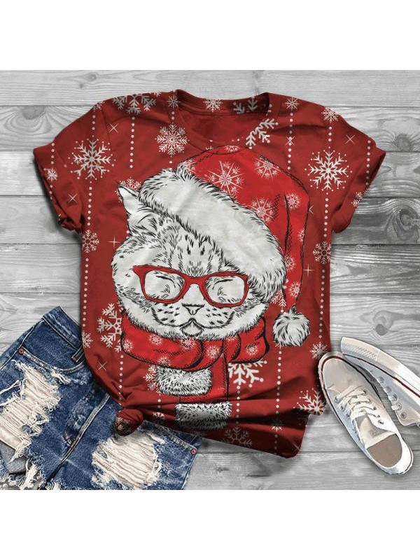 Women's Casual Christmas Christmas Wear Glasses Cat Pattern Printed Round Neck TShirt
