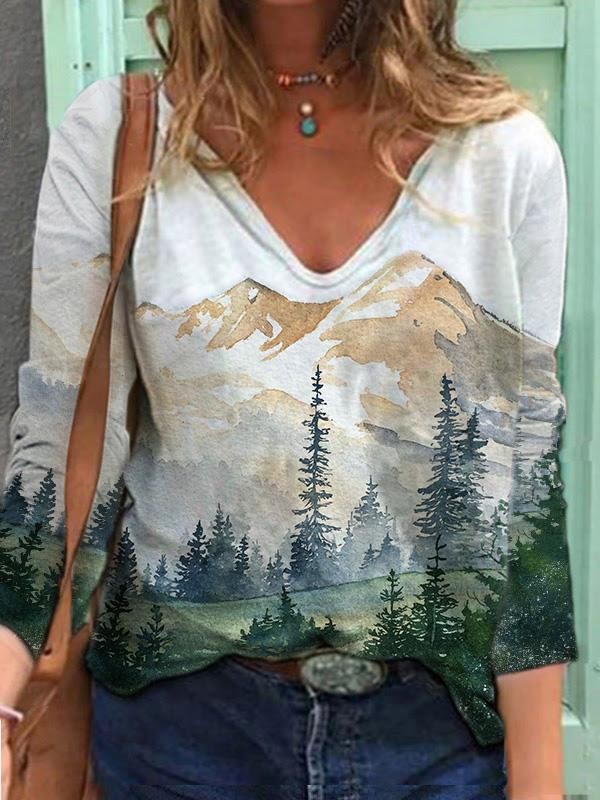 Women's Mountain Landscape Printed VNeck Long Sleeve Tshirts