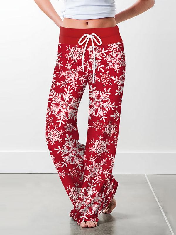 Ladies Christmas floral print casual loosefitting drawstring wideleg trousers