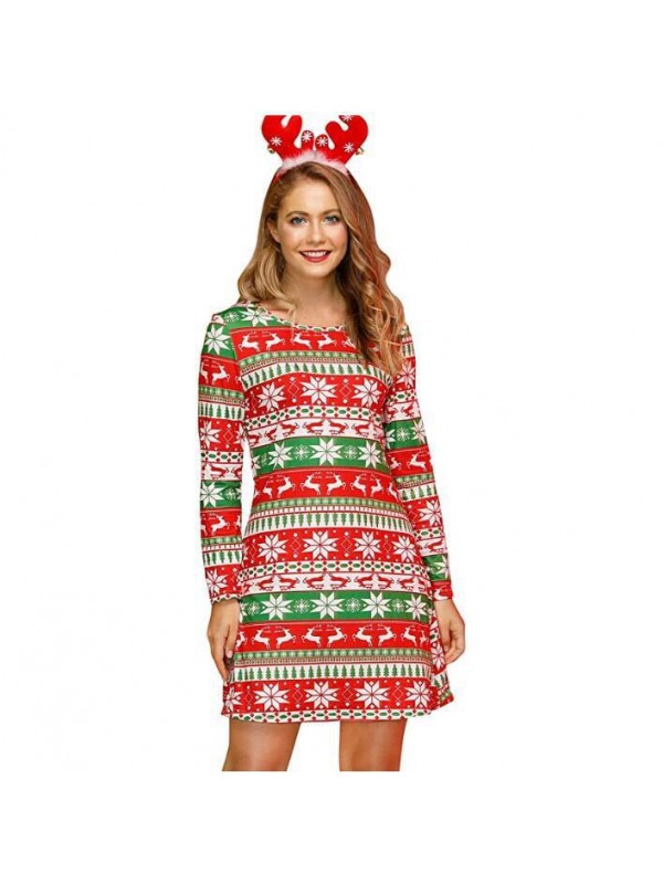 Women's Christmas Print Long Sleeve Dress