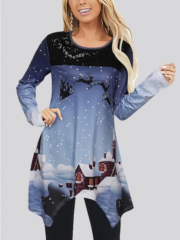 Women's Casual Round Neck Irregular Printed Long Sleeve Top