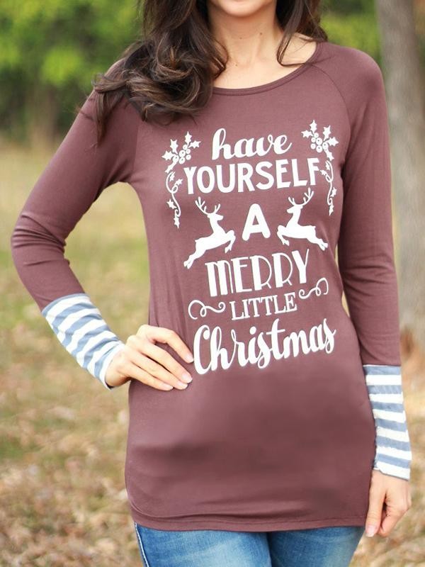 Ladies Christmas print stitching striped long sleeve Tshirt