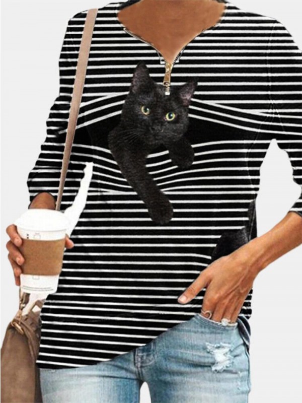 Black Cat Print Zipper Vneck White Striped Plus Size Tshirt