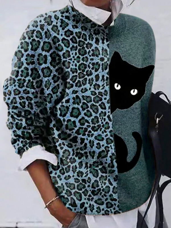 Leopard Cat Patchwork Printed Oneck Long Sleeve Tshirt