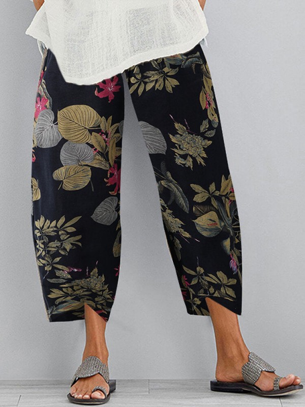 Vintage Floral Print Elastic Waist Casual Pants