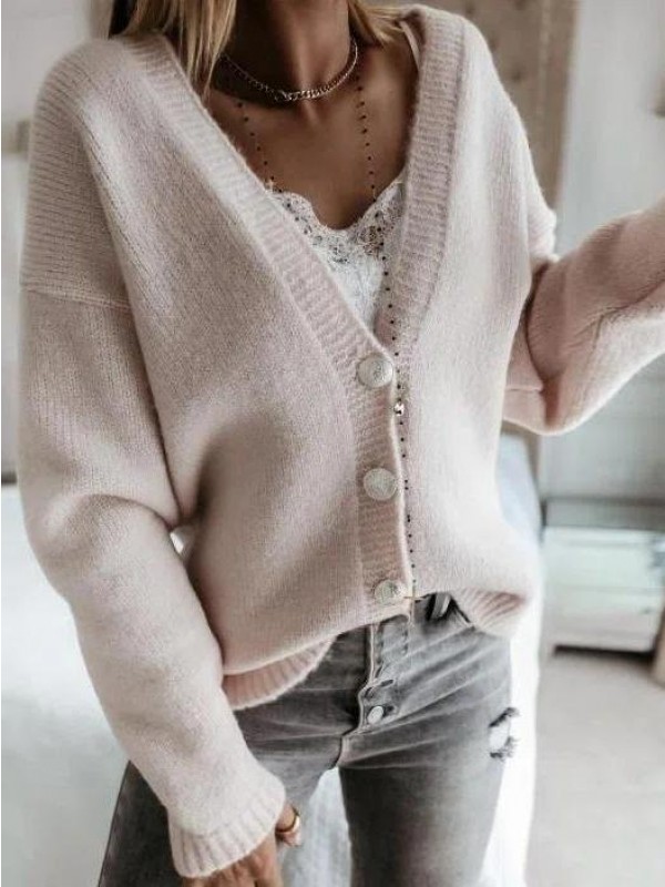V Neck Casual Plain Long Sleeve Sweater
