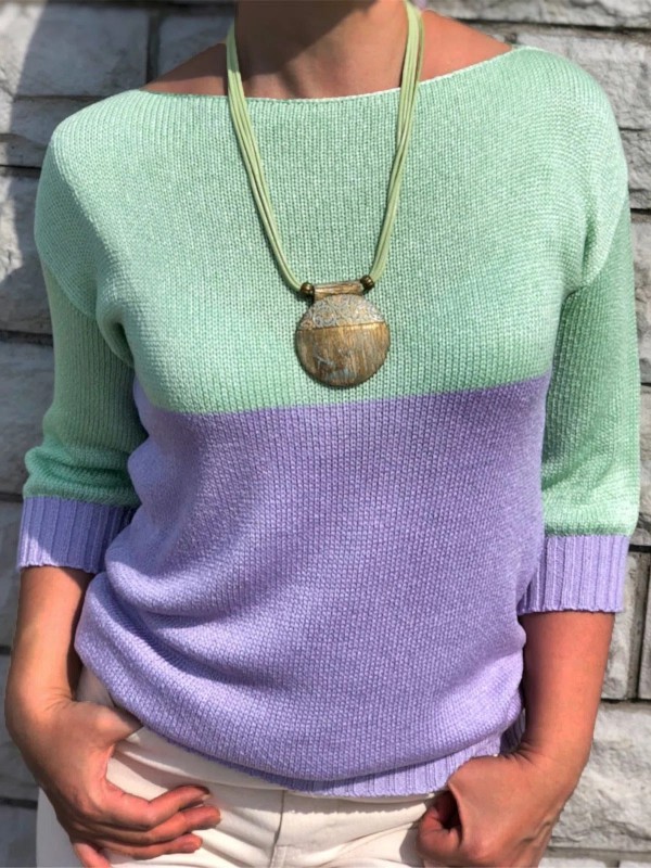 Holiday Casual Color Block Half Sleeve Boat Neck Sweater