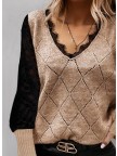 Color Block Lace VNeck Casual Sweaters