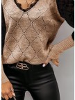 Color Block Lace VNeck Casual Sweaters