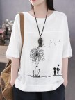 Summer Print Flower Casual Short Sleeve Cotton TShirt