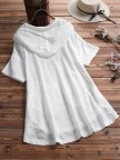 Plaid Button Hooded High Low Short Sleeve Plus Size Blouse with Pokcets