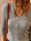 Casual V Neck CottonBlend Plain Blouse