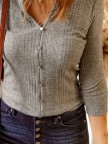 Casual V Neck CottonBlend Plain Blouse